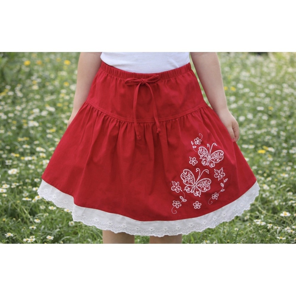 Zoey Girl Red Skirt Size 6 Butterfly Embroidered Lace Hem Elastic Waist